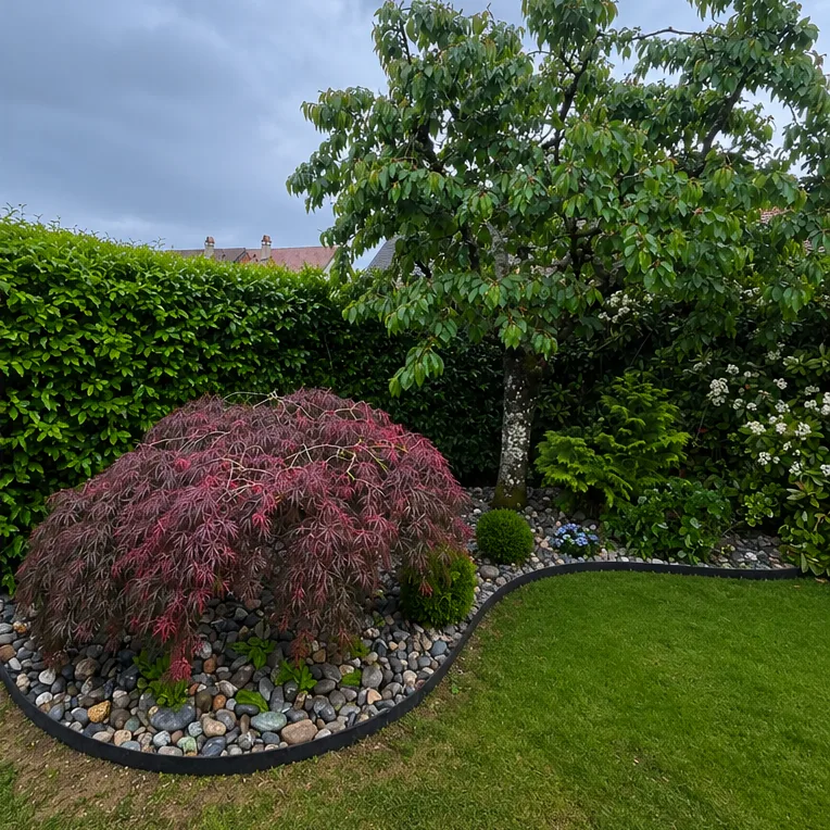 Jardin transformé par Jardinier de la Côte : érable du Japon, galets et pelouse
